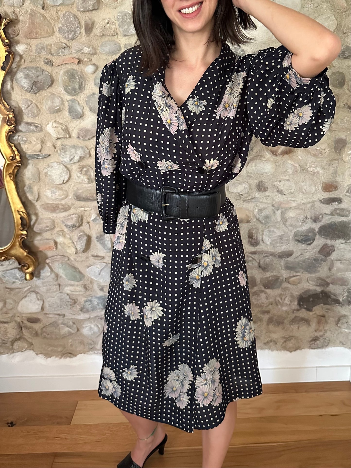 Abito Vintage Anni ‘80 Sartoriale in Viscosa Nero con Fiori Tg.46/48