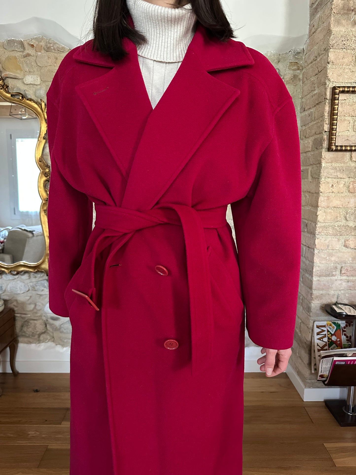 Cappotto Missoni Vintage Anni ‘80 in Lana e Kashmir Rosso Lampone Tg.fino 52