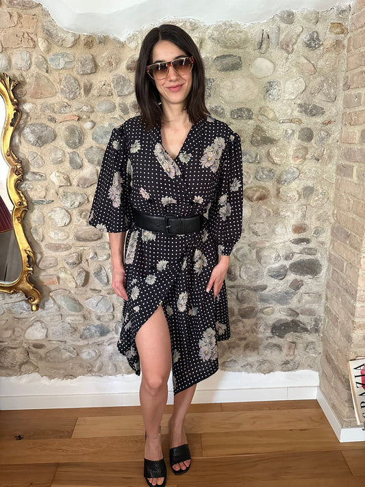 Abito Vintage Anni ‘80 Sartoriale in Viscosa Nero con Fiori Tg.46/48