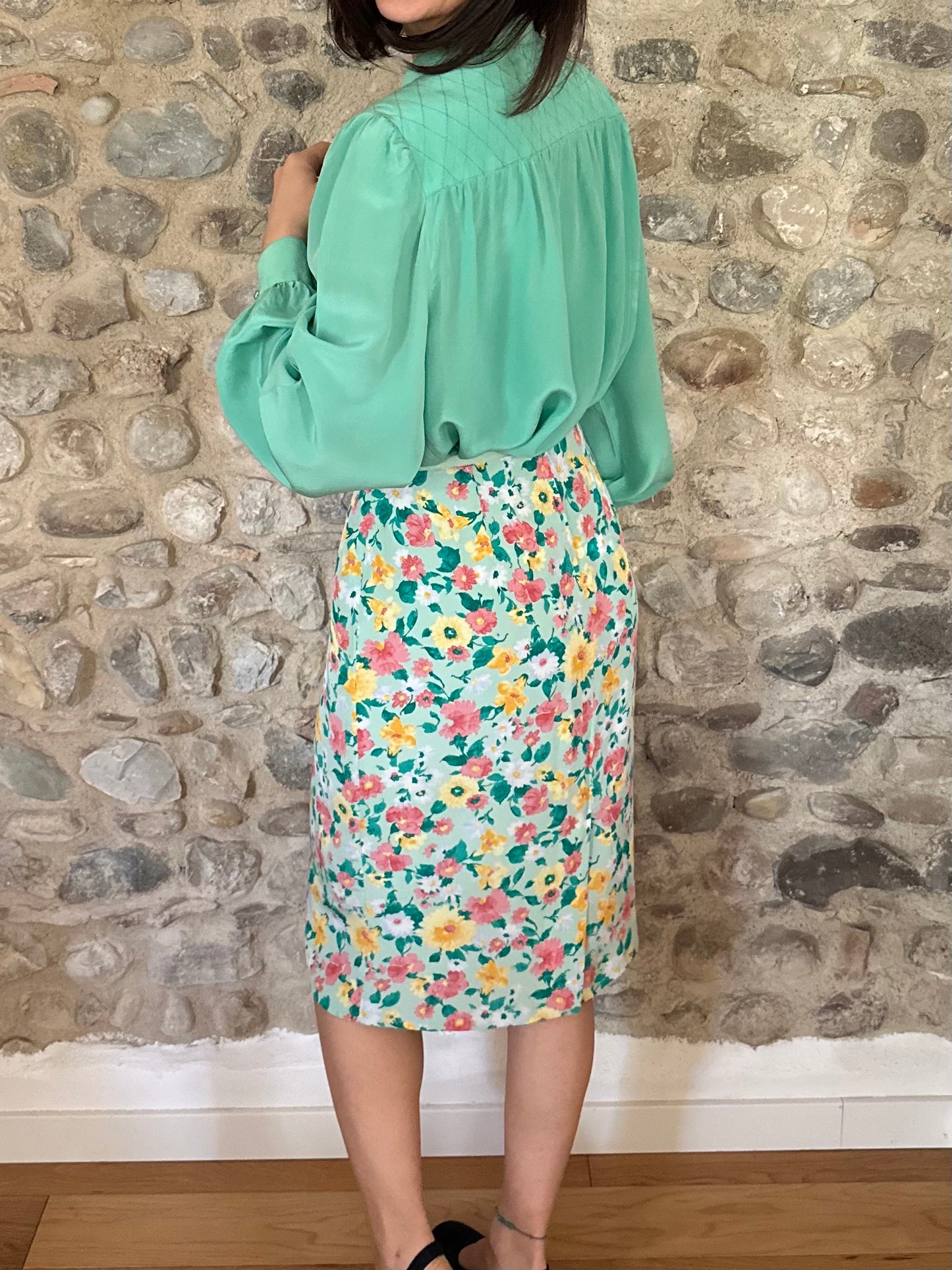 Gonna Vintage Anni ‘70 in Viscosa Floreale Verde Acqua Tg.44