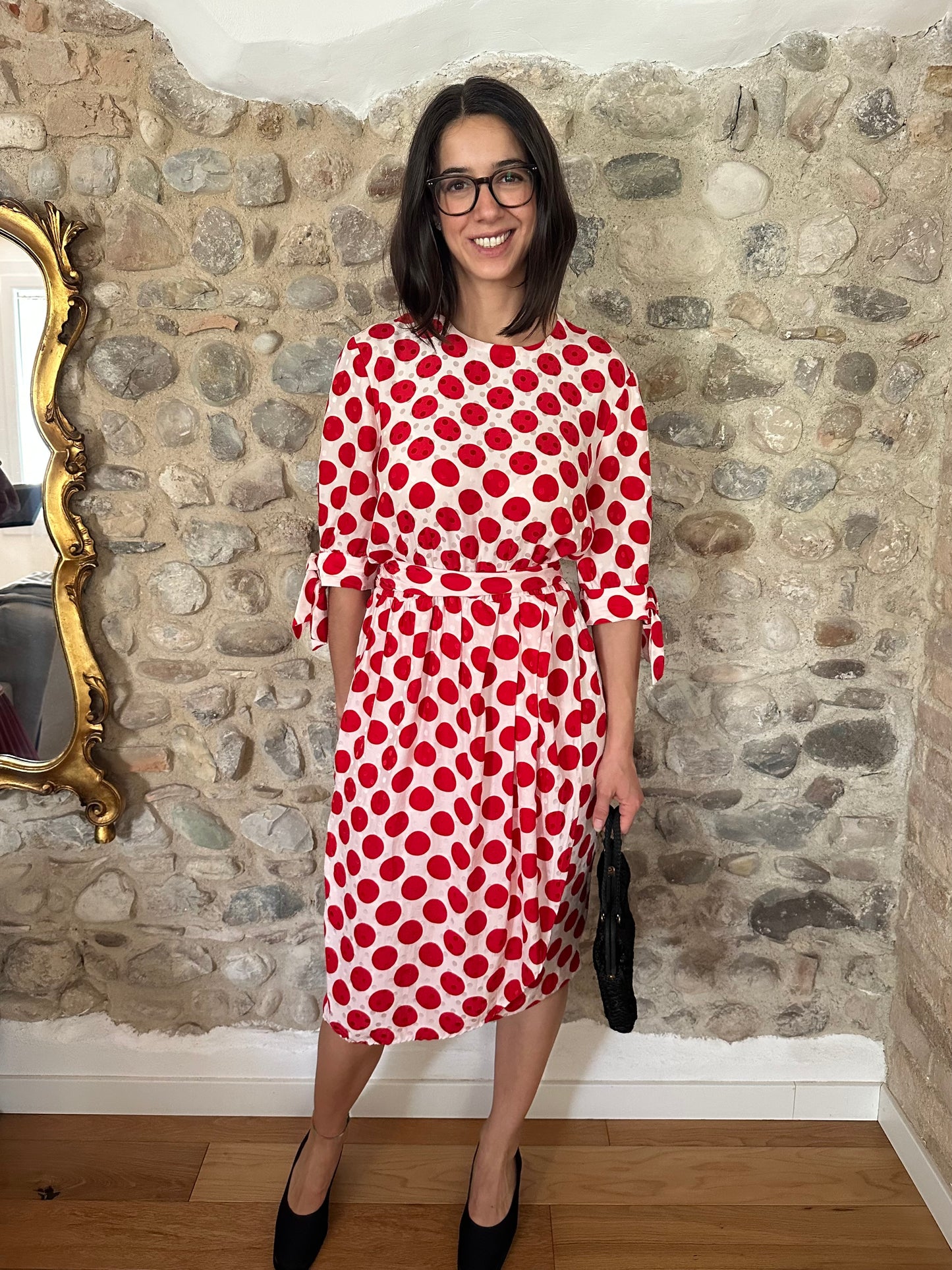 Abito Sartoriale Vintage Anni ‘80 in Seta Jacquard A Pois Rossi Tg.44