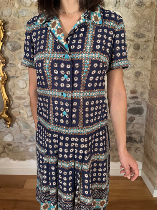 Abito Vintage Anni ‘60 Sartoriale in Seta Blu Tg.46