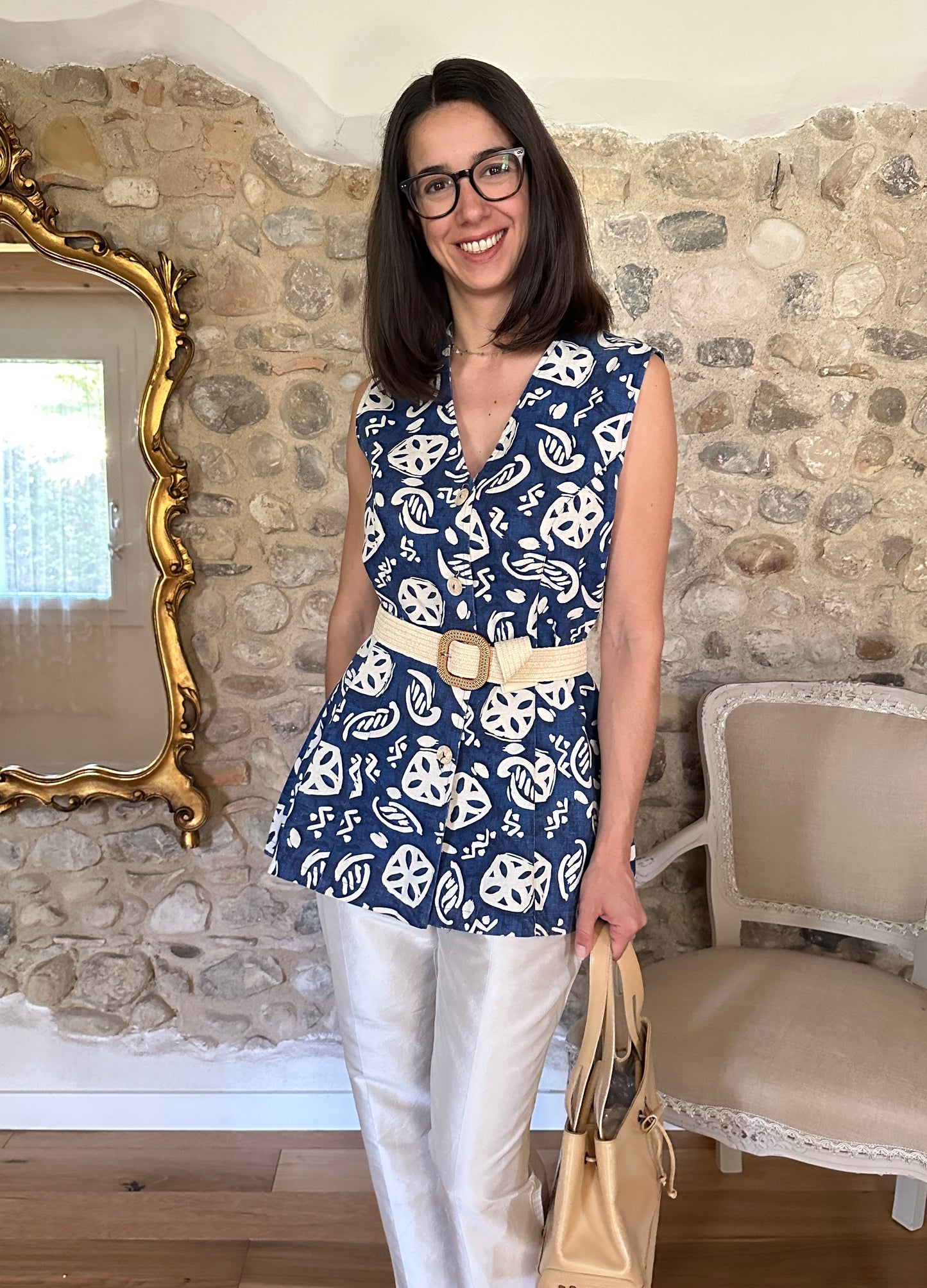 Gilet Martina Orlandi Anni ‘80 Cotone e Lino Fantasia Blu e Beige Tg.42/44