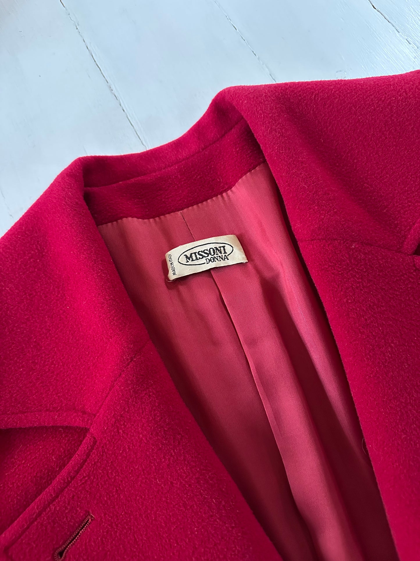 Cappotto Missoni Vintage Anni ‘80 in Lana e Kashmir Rosso Lampone Tg.fino 52