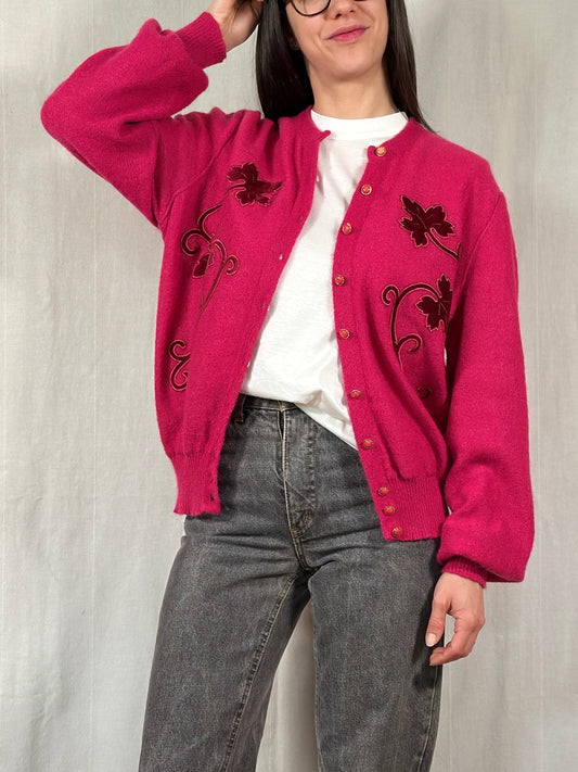 Cardigan Vintage Anni ‘80 in Misto Superkid Mohair Fucsia Tg.da 46 a 52