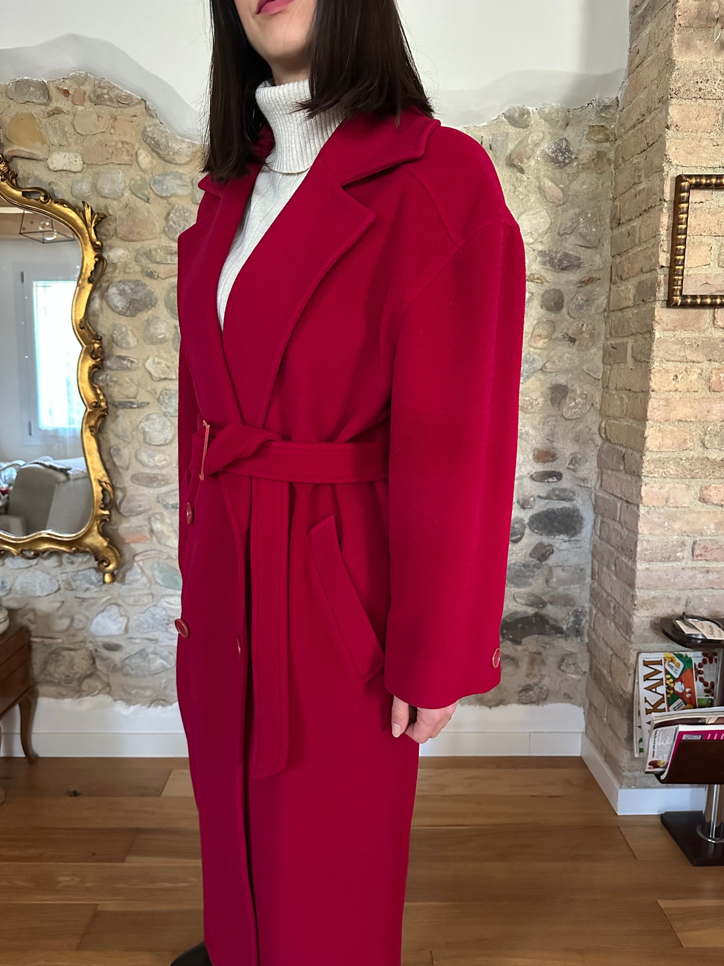 Cappotto Missoni Vintage Anni ‘80 in Lana e Kashmir Rosso Lampone Tg.fino 52