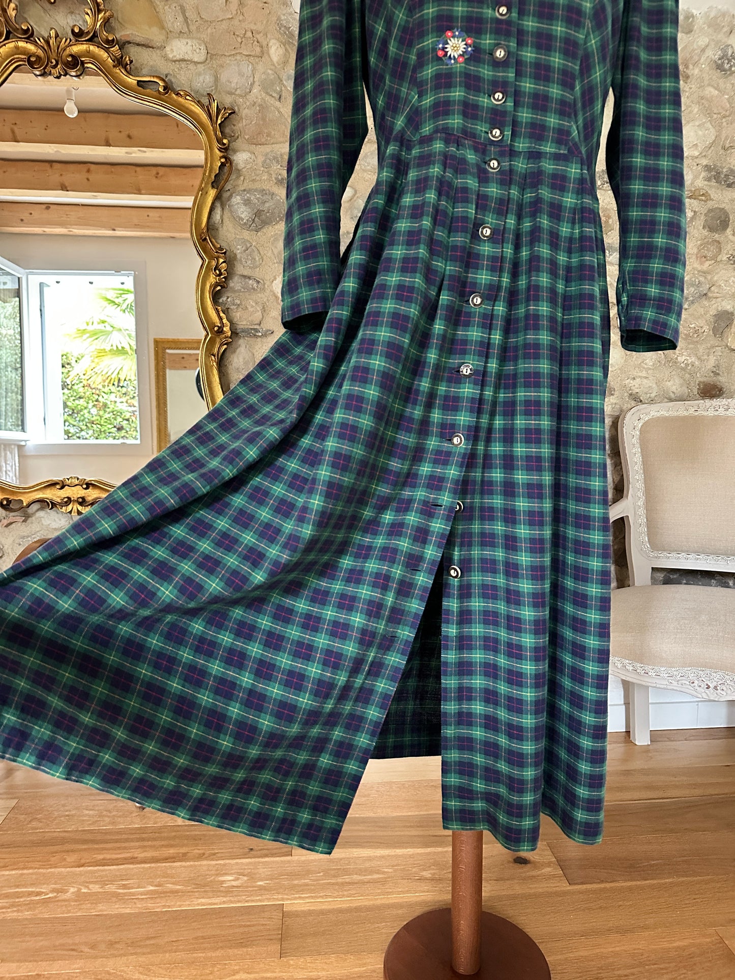 Abito Tirolese Lungo Anni ‘80 in Cotone Tartan Blu e Verde Tg.42/44