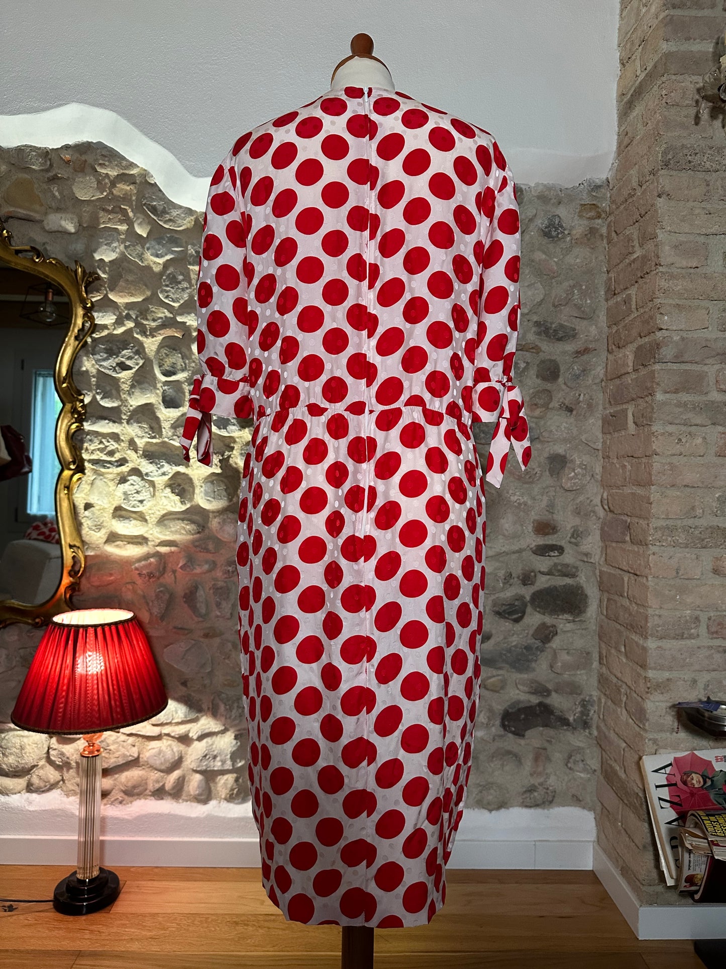 Abito Sartoriale Vintage Anni ‘80 in Seta Jacquard A Pois Rossi Tg.44