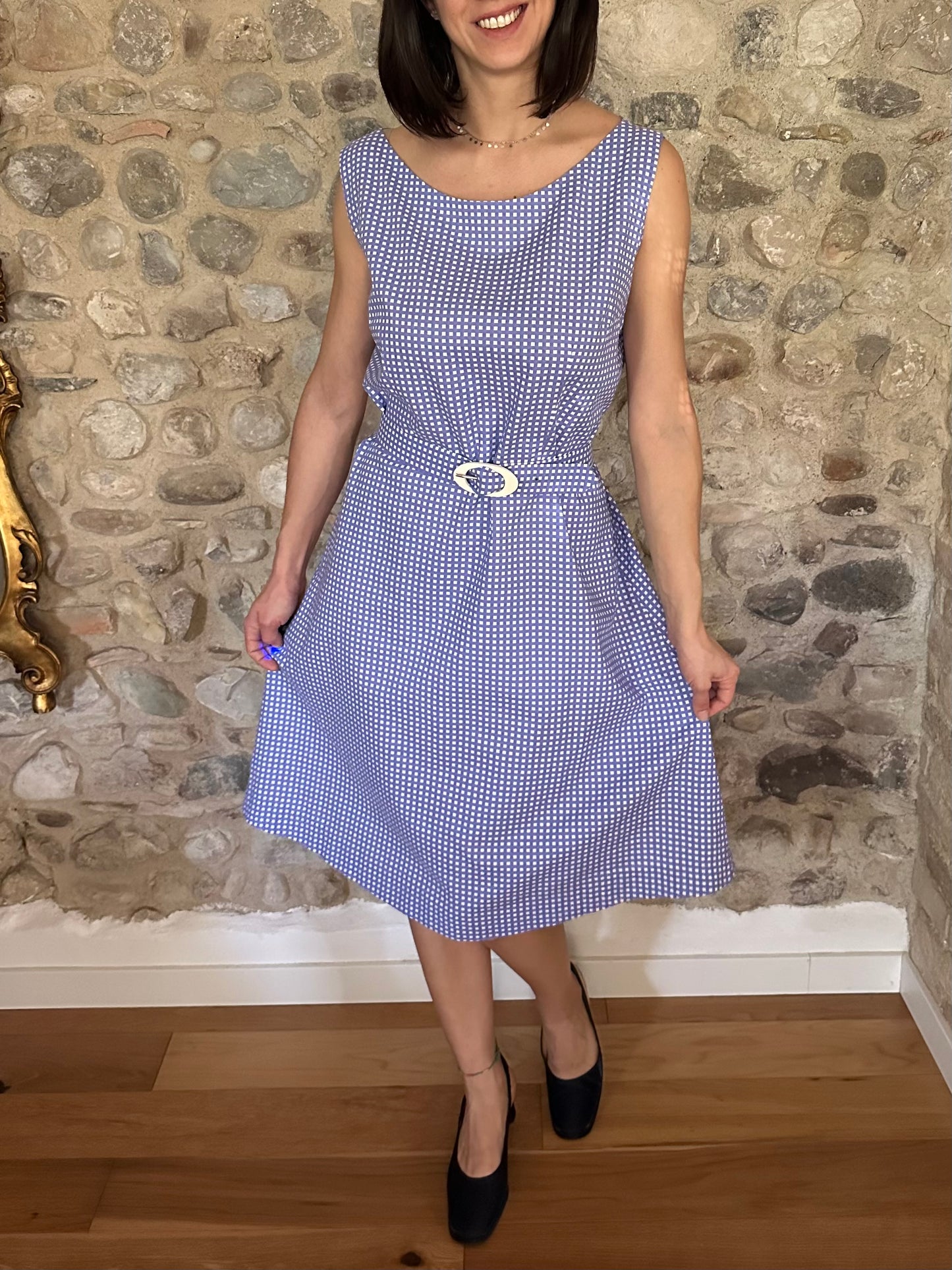 Abito Vintage Anni ‘60 Sartoriale a Quadretti Lilla e Bianco Tg.48
