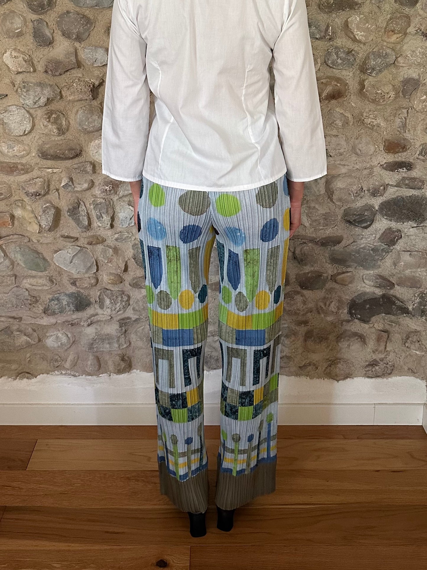 Pantalone Pleats Please Issey Miyake Multicolor Geometrico Azzurro Tg.fino 46
