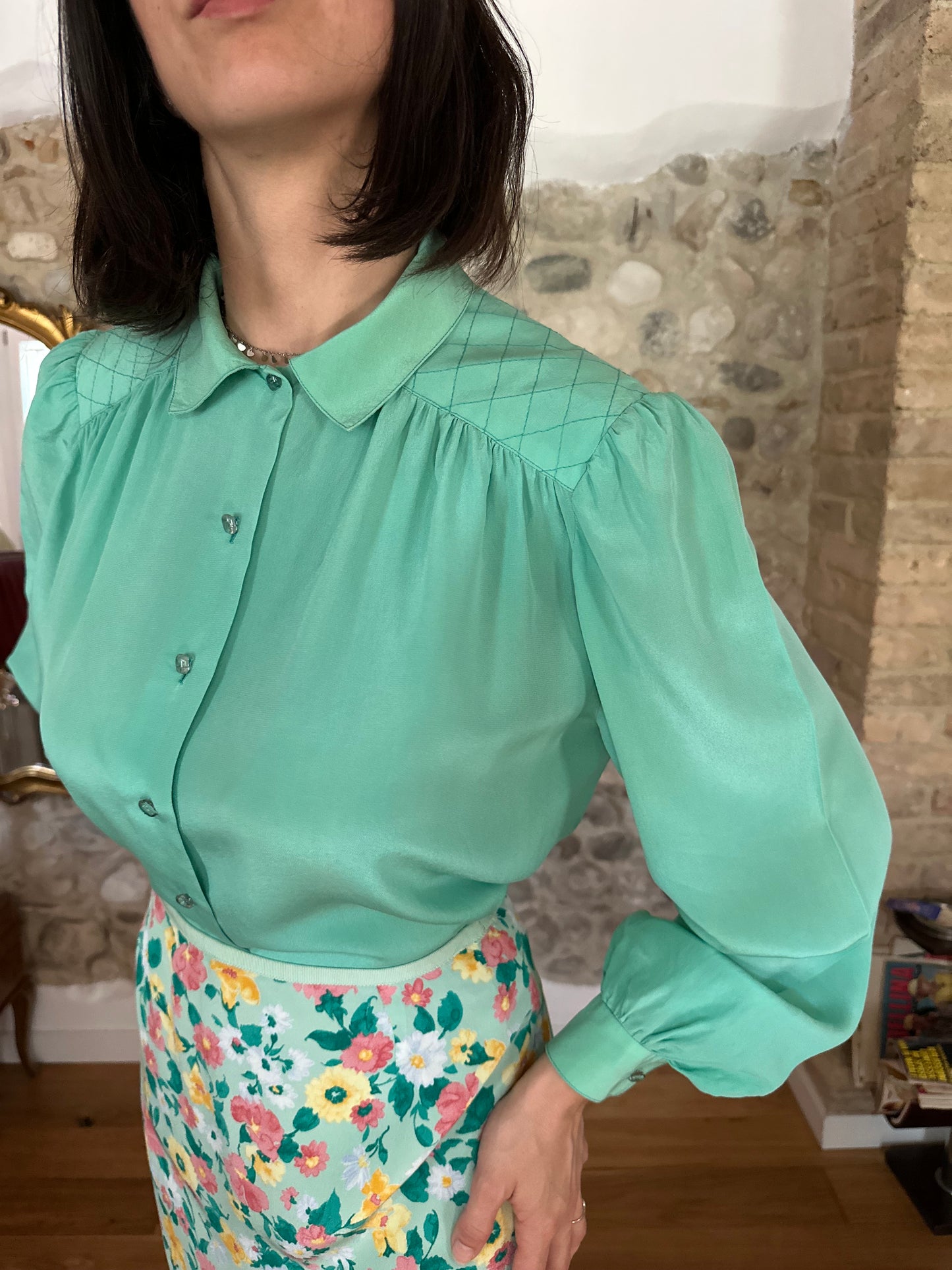 Camicia Vintage Anni ‘80 Sartoriale in Seta Verde Tg.fino 50