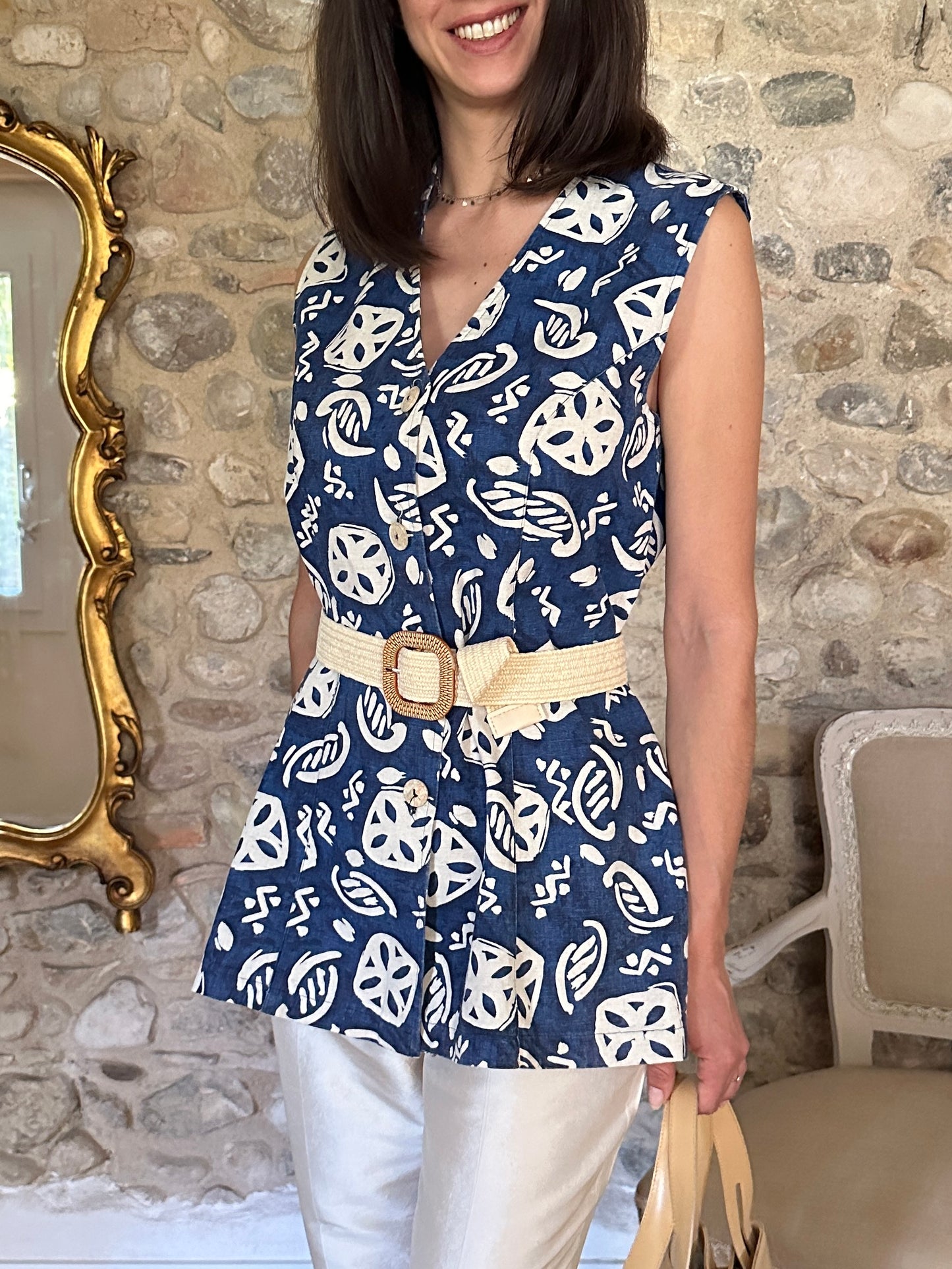 Gilet Martina Orlandi Anni ‘80 Cotone e Lino Fantasia Blu e Beige Tg.42/44