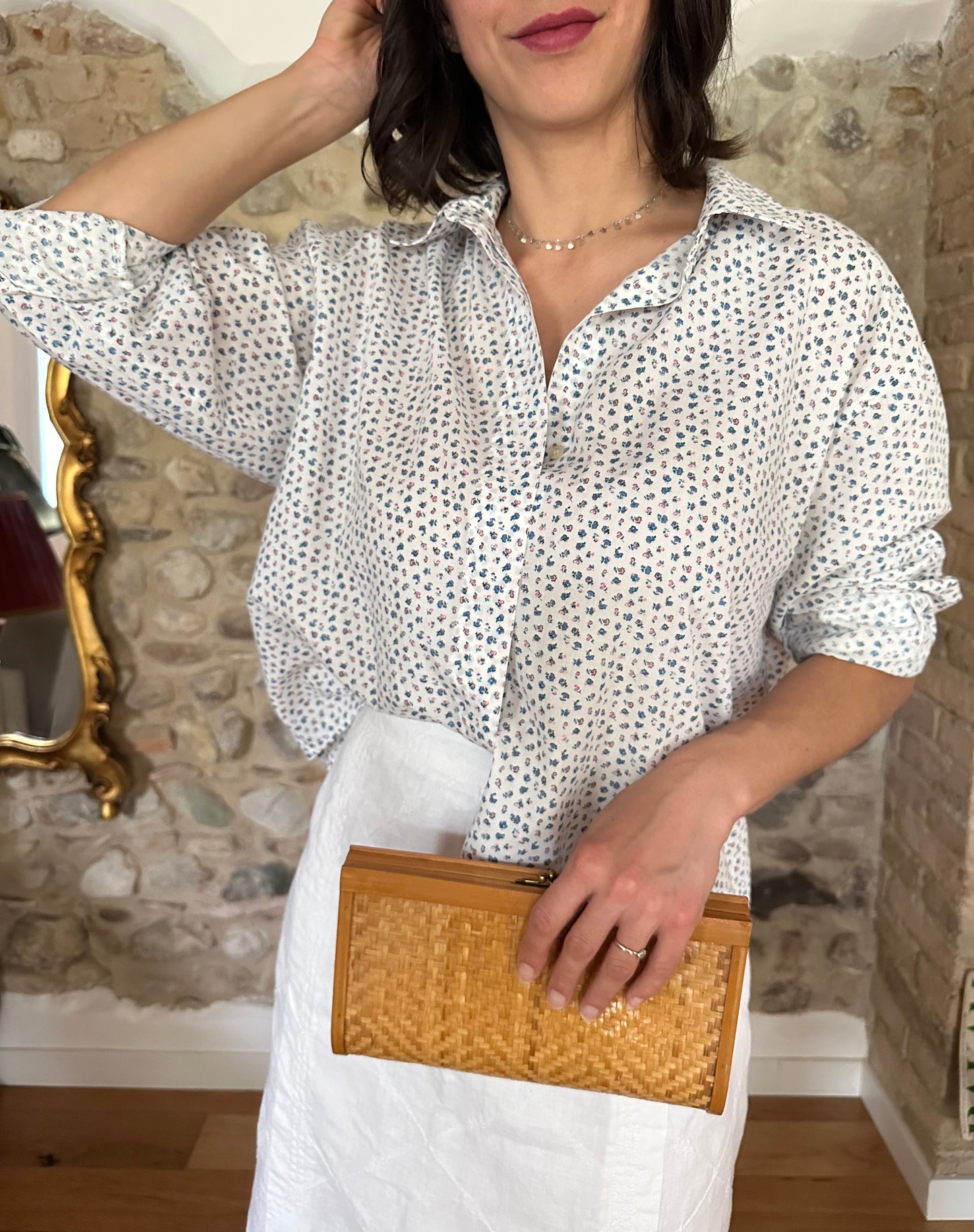 Camicia Anni ‘90 in Cotone Bianco con Fiori Rosa e Azzurri Tg.fino 50