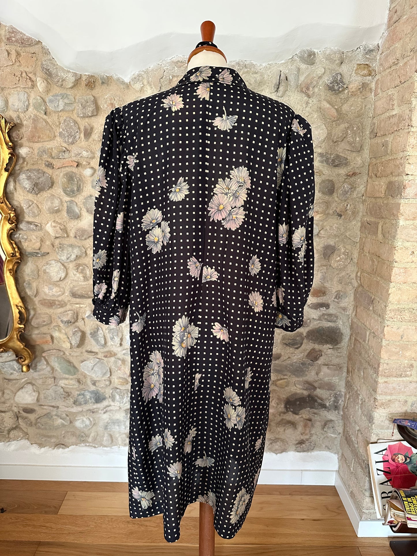 Abito Vintage Anni ‘80 Sartoriale in Viscosa Nero con Fiori Tg.46/48