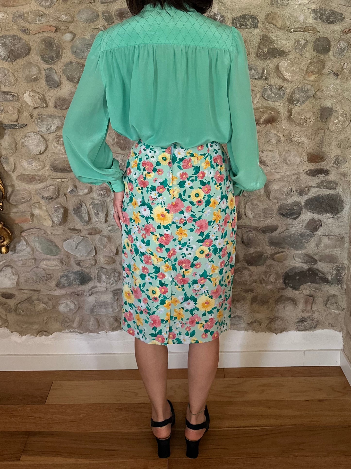Gonna Vintage Anni ‘70 in Viscosa Floreale Verde Acqua Tg.44