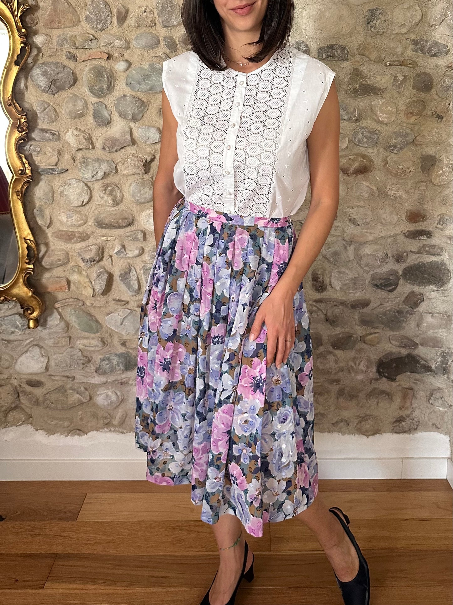 Gonna Vintage Sartoriale a Ruota Anni ‘80 in Cotone a Fiori Tg.42