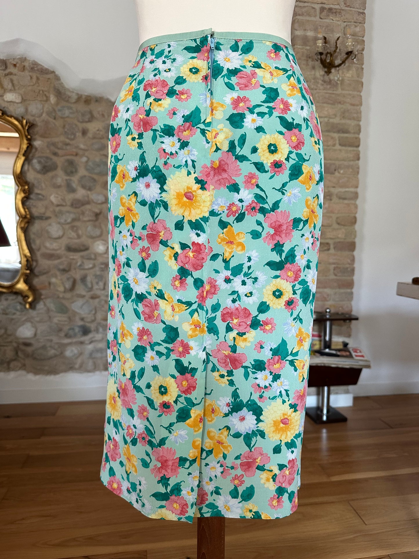 Gonna Vintage Anni ‘70 in Viscosa Floreale Verde Acqua Tg.44