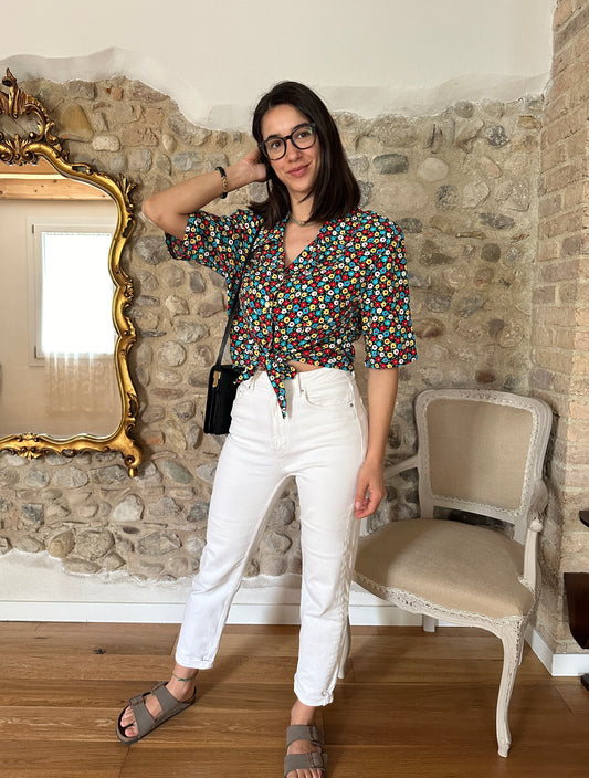 Camicia Crop Vintage Anni Settanta Fantasia Fiori Tg.44/46