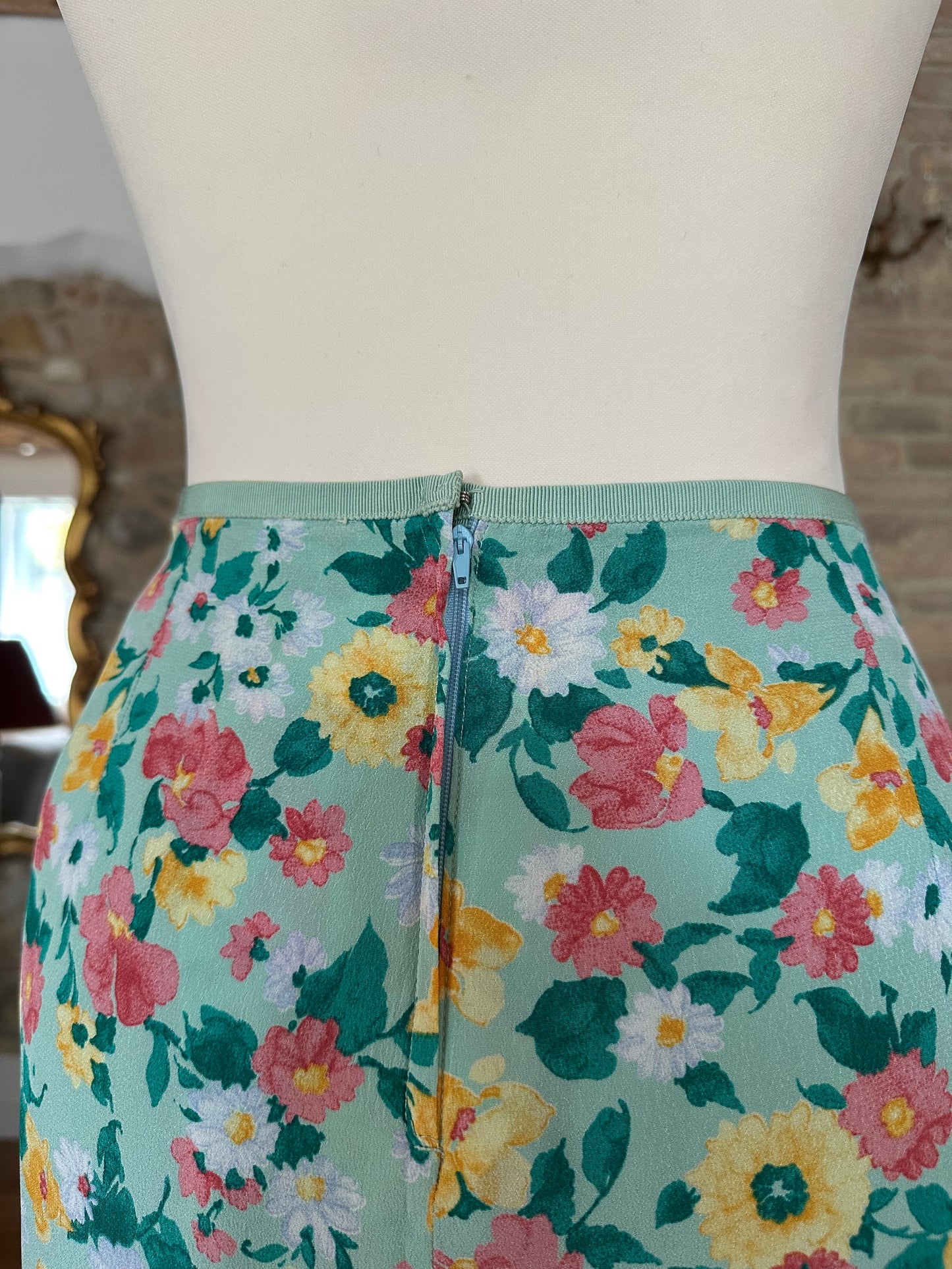 Gonna Vintage Anni ‘70 in Viscosa Floreale Verde Acqua Tg.44