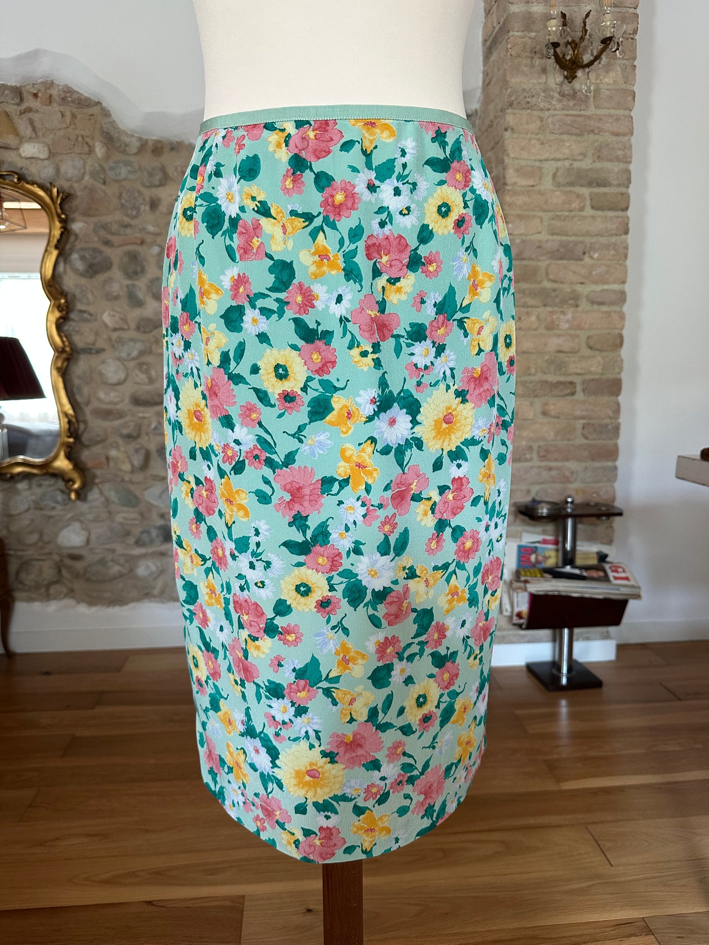 Gonna Vintage Anni ‘70 in Viscosa Floreale Verde Acqua Tg.44