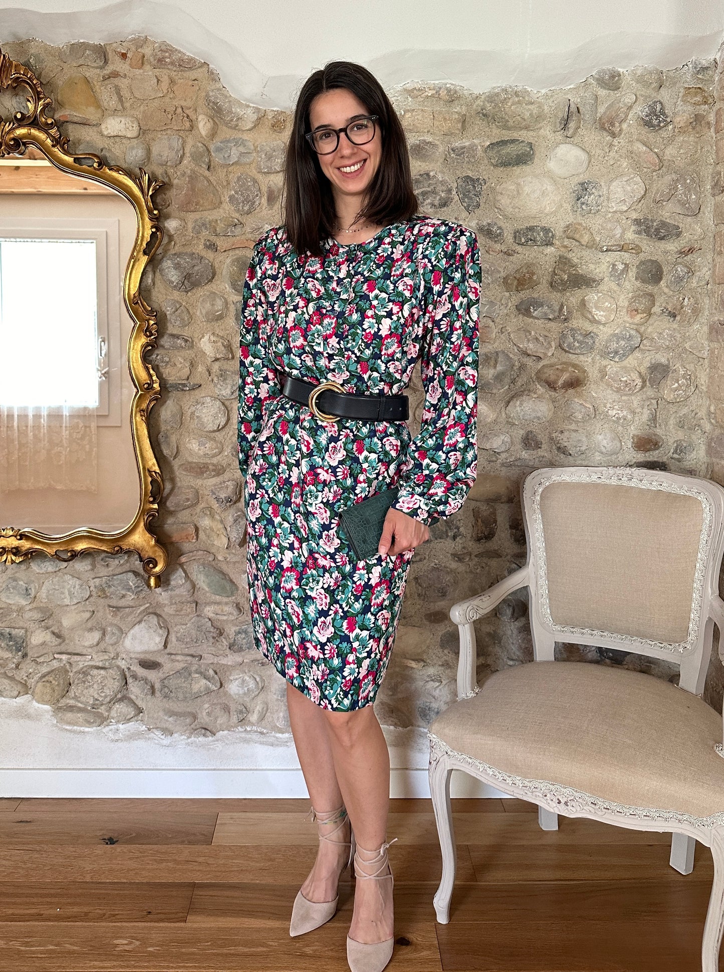 Abito Vintage Anni ‘80 in Seta Fantasia Fiori Tg.44/46