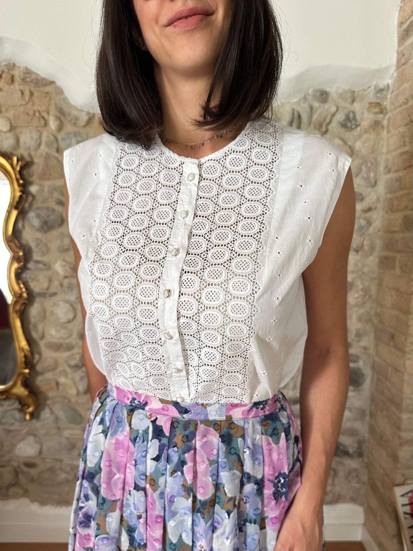 Camicetta Smanicata Vintage Anni ‘60 Sartoriale in Cotone Bianca Tg.44/46