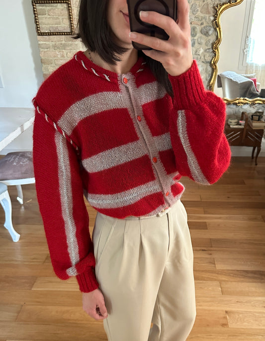 Cardigan Vintage Anni ‘80 Le Bambole Misto Superkid Mohair Rosso e Argento Tg.42/44