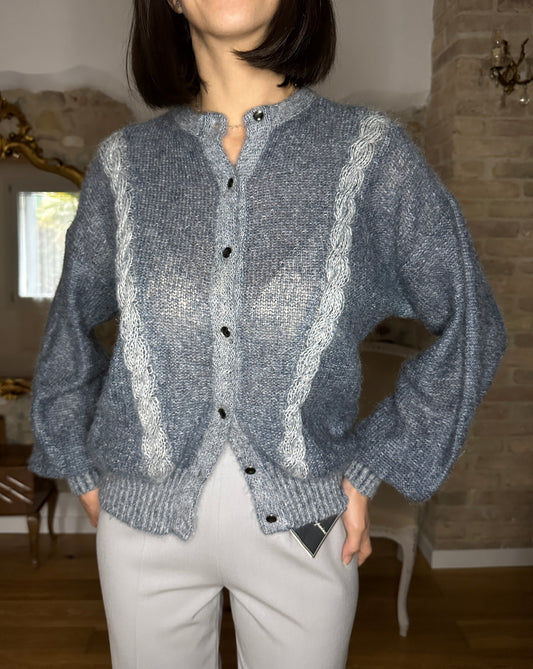 Cardigan Le Bambole Anni ‘80 Misto Superkid Mohair Blu e Bianco Tg.44/46