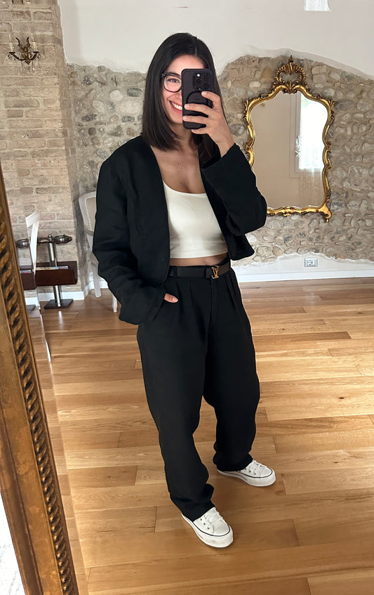 Completo Pantalone e Coprispalle Pennyblack Vintage in Lino Nero Tg.42