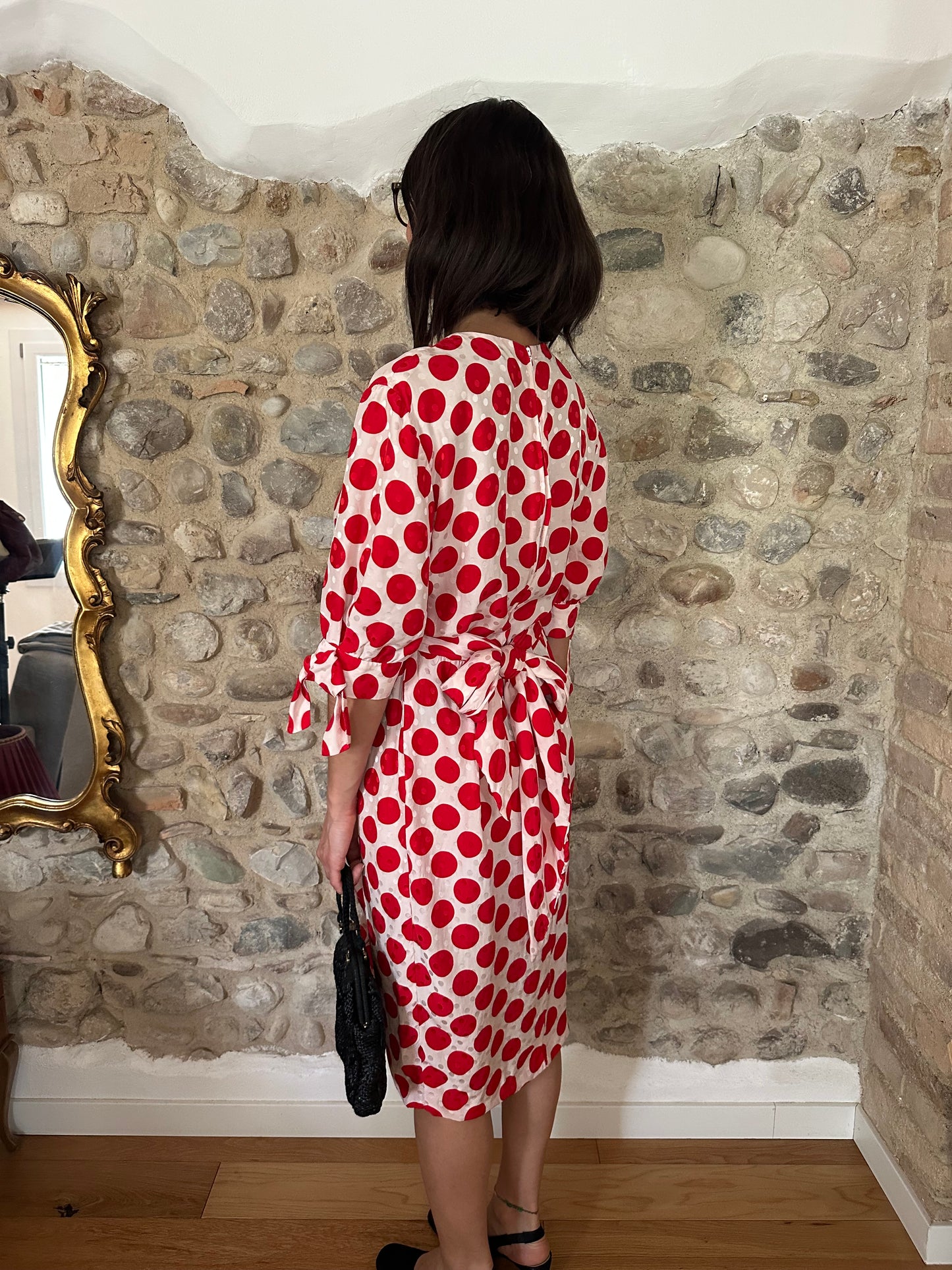 Abito Sartoriale Vintage Anni ‘80 in Seta Jacquard A Pois Rossi Tg.44
