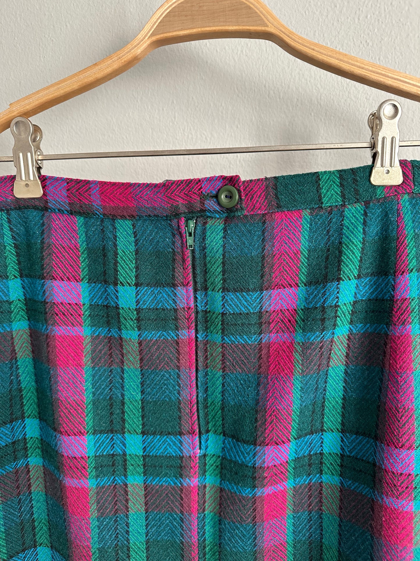 Gonna Tartan Vintage Midi Misto Lana Verde e Fucsia
