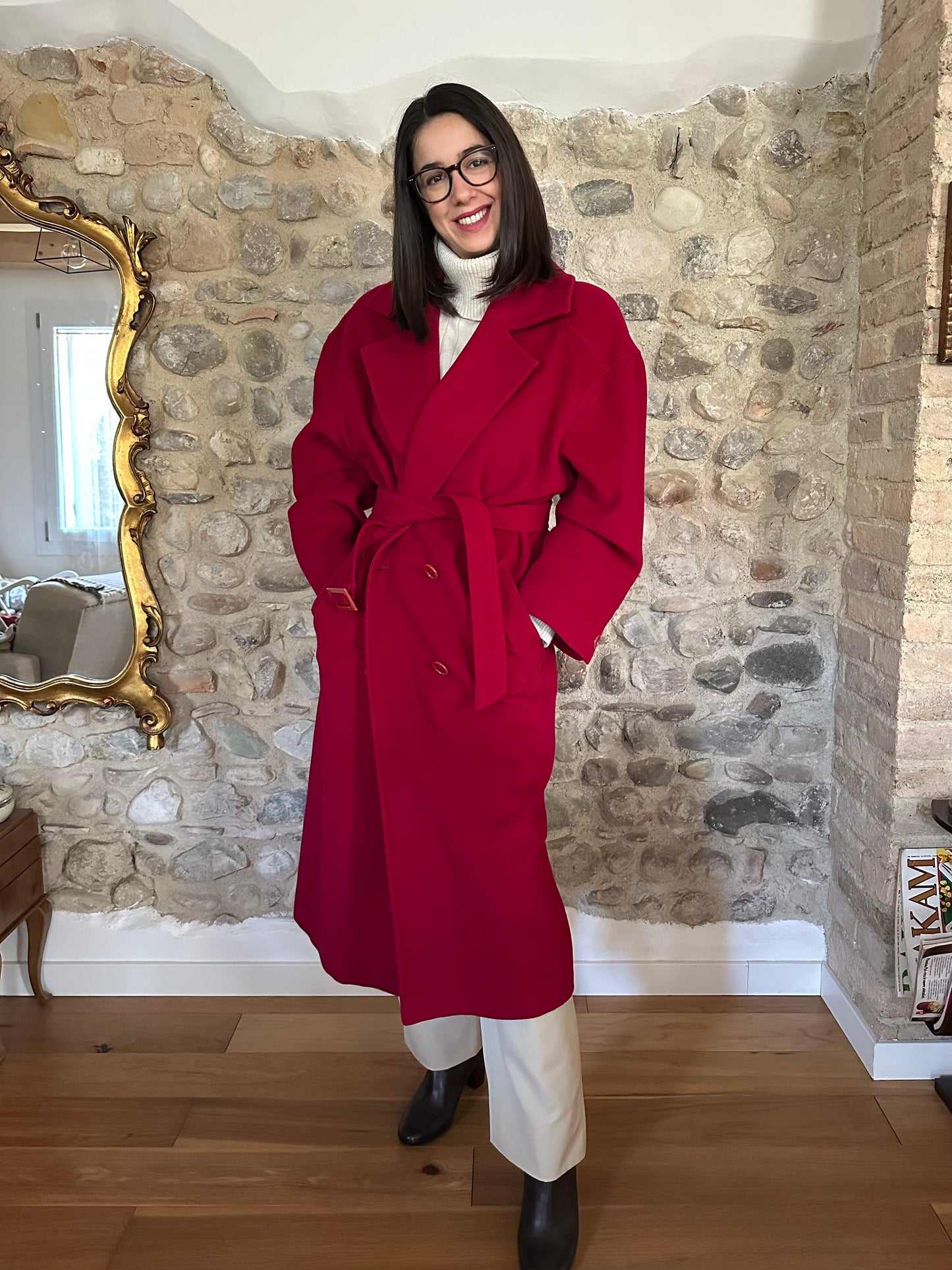 Cappotto Missoni Vintage Anni ‘80 in Lana e Kashmir Rosso Lampone Tg.fino 52