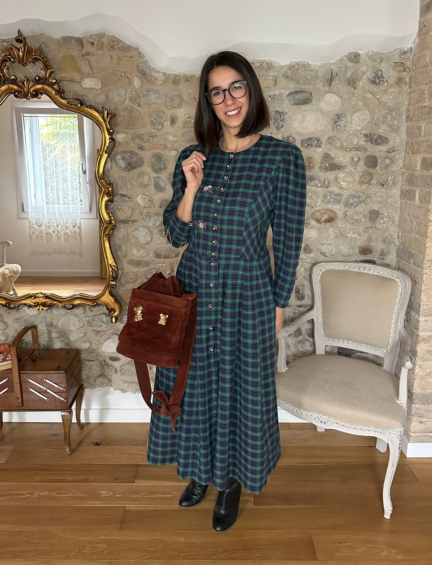 Abito Tirolese Lungo Anni ‘80 in Cotone Tartan Blu e Verde Tg.42/44