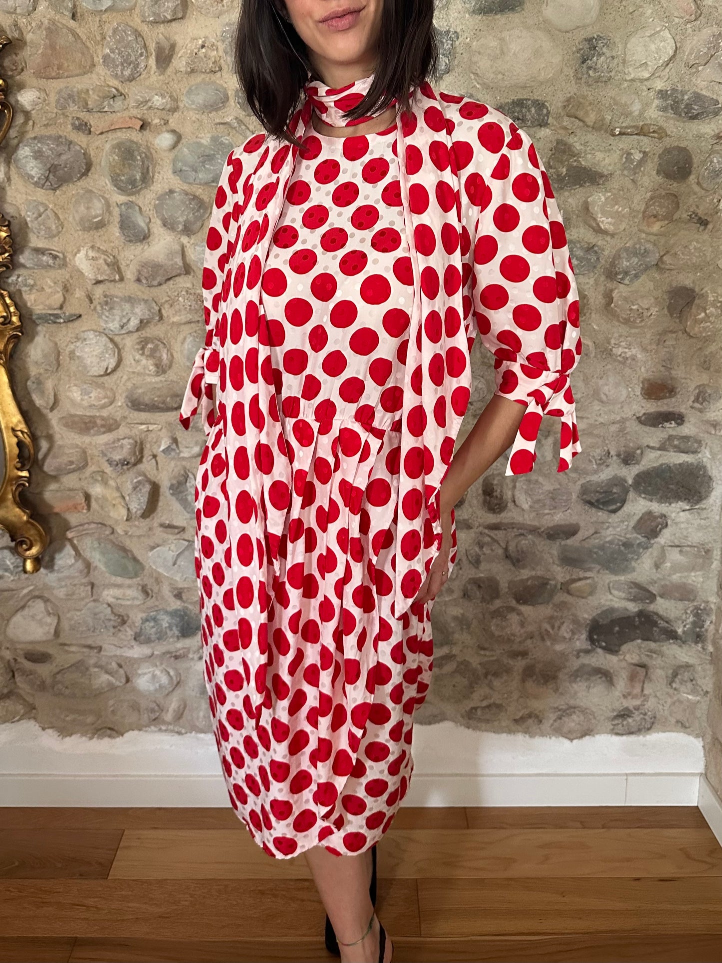 Abito Sartoriale Vintage Anni ‘80 in Seta Jacquard A Pois Rossi Tg.44