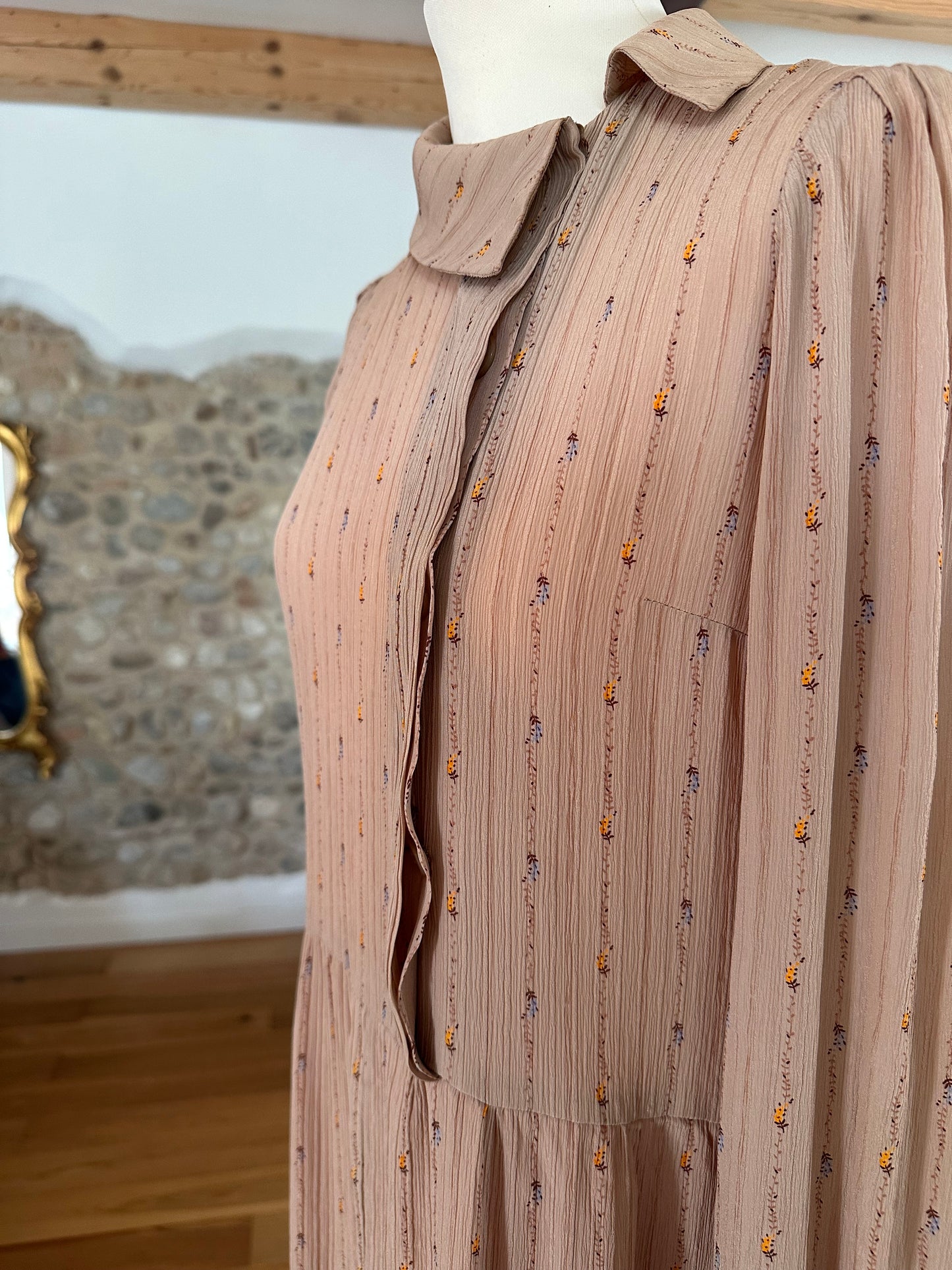 Abito Vintage Anni ‘70 Sartoriale in Seta Rosa Antico con Fiori Tg.42