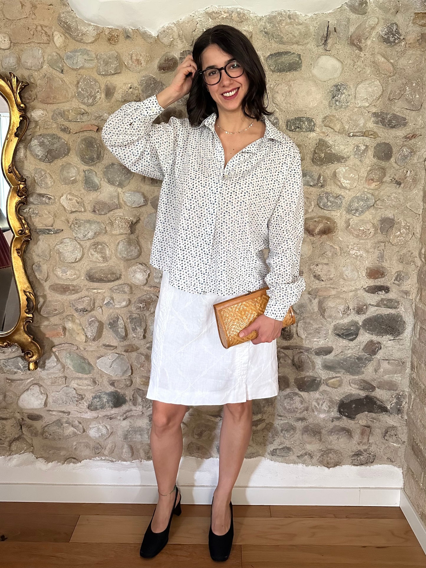 Camicia Anni ‘90 in Cotone Bianco con Fiori Rosa e Azzurri Tg.fino 50