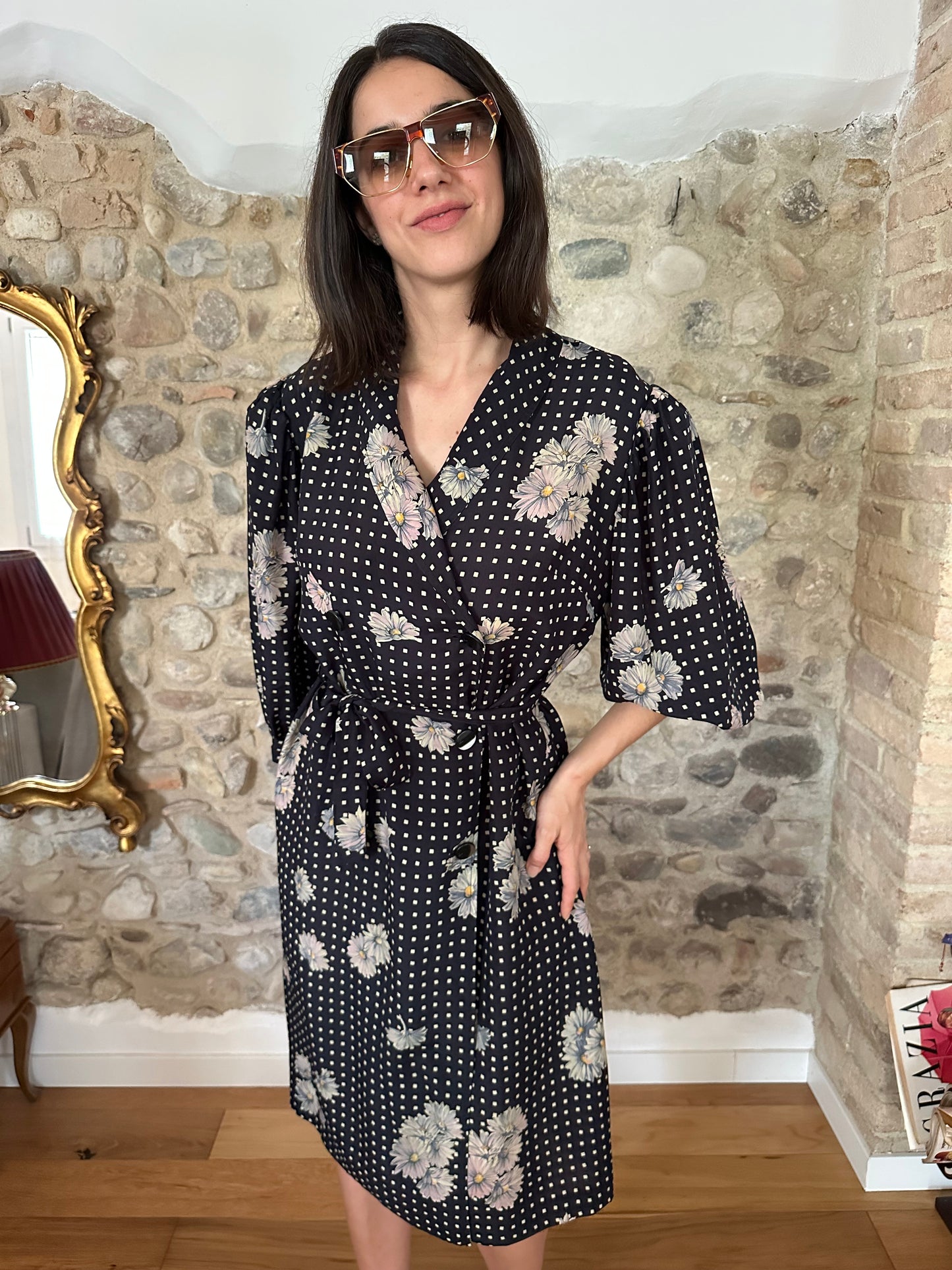 Abito Vintage Anni ‘80 Sartoriale in Viscosa Nero con Fiori Tg.46/48