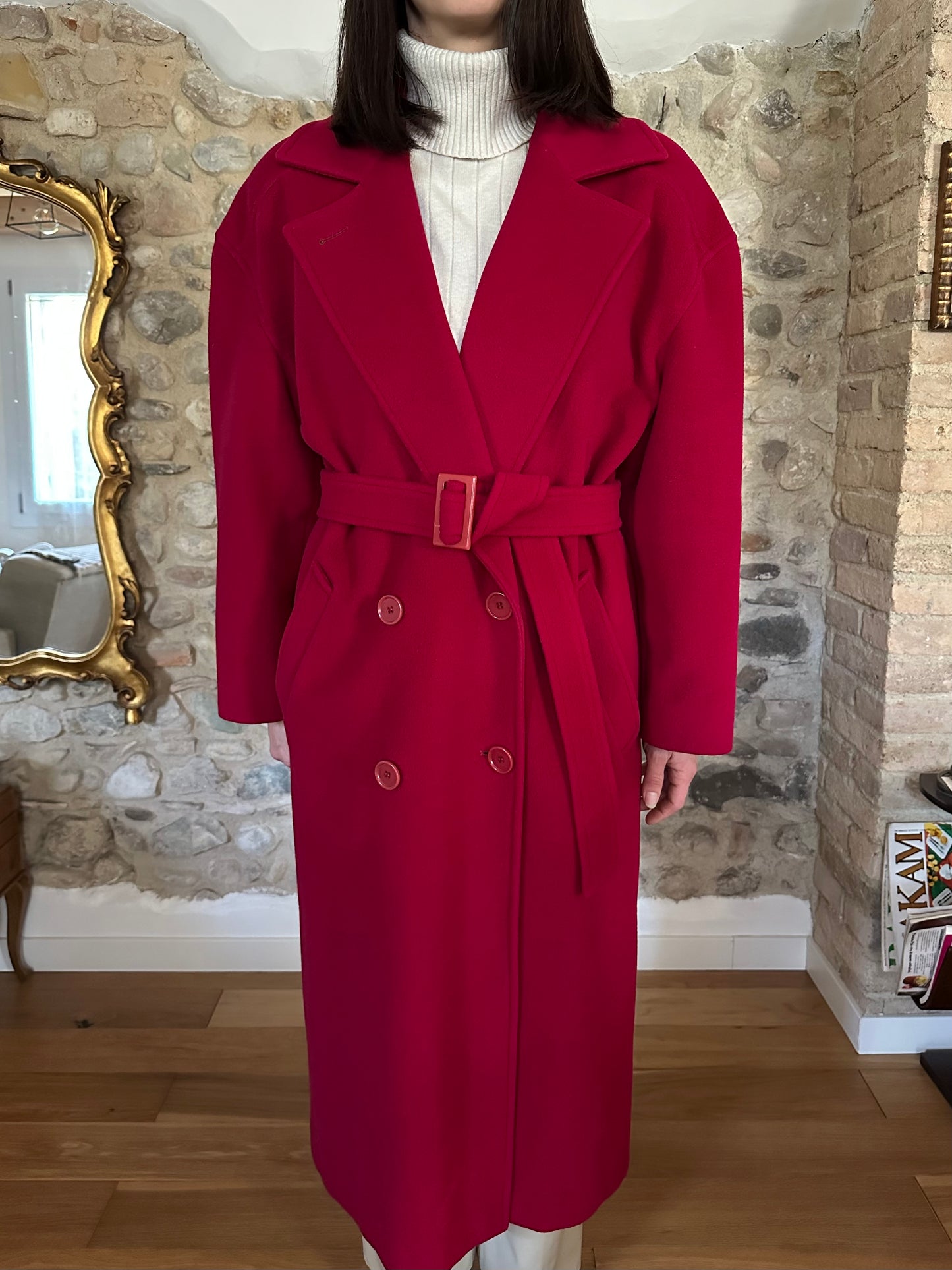 Cappotto Missoni Vintage Anni ‘80 in Lana e Kashmir Rosso Lampone Tg.fino 52