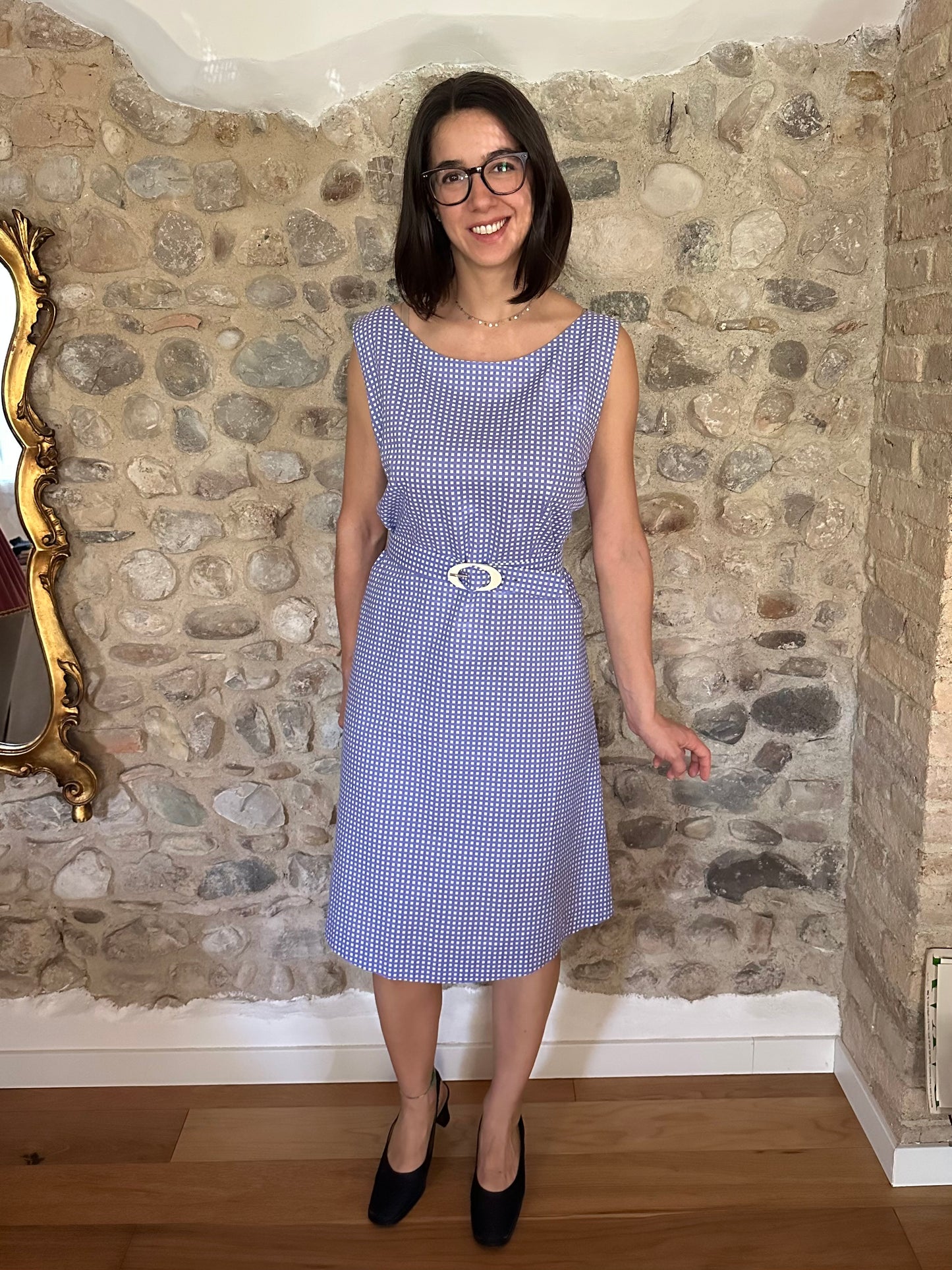 Abito Vintage Anni ‘60 Sartoriale a Quadretti Lilla e Bianco Tg.48