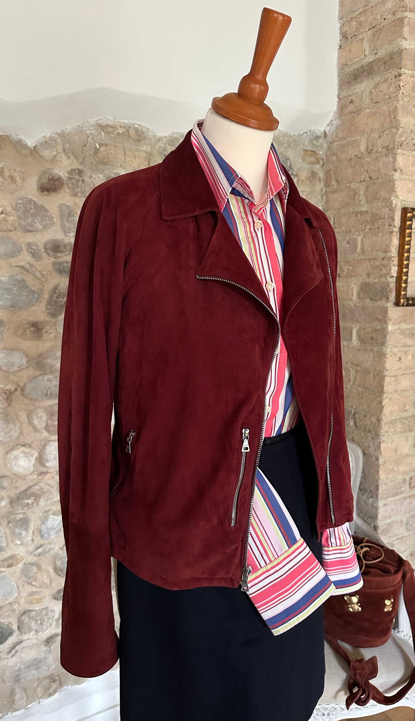 Giubbotto Prada Anni 2000 in Pelle Scamosciata Bordeaux Tg.40/42
