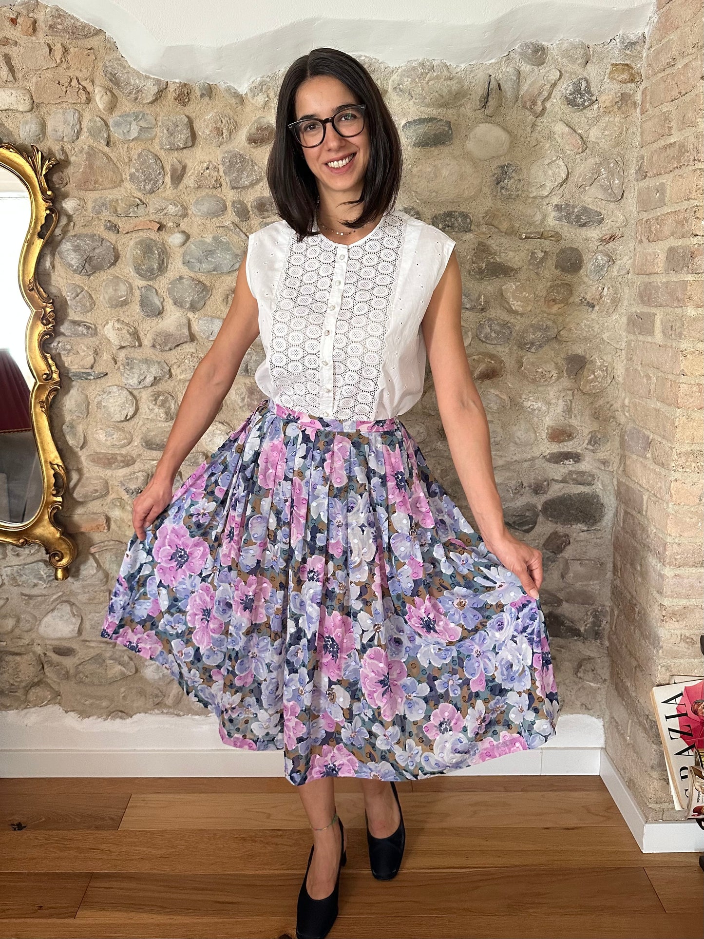 Gonna Vintage Sartoriale a Ruota Anni ‘80 in Cotone a Fiori Tg.42