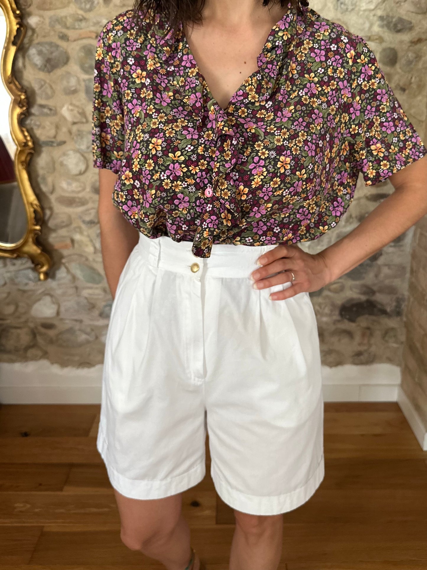 Bermuda Vintage Anni ‘80 a Vita Altissima in Cotone Bianco Tg.38/40