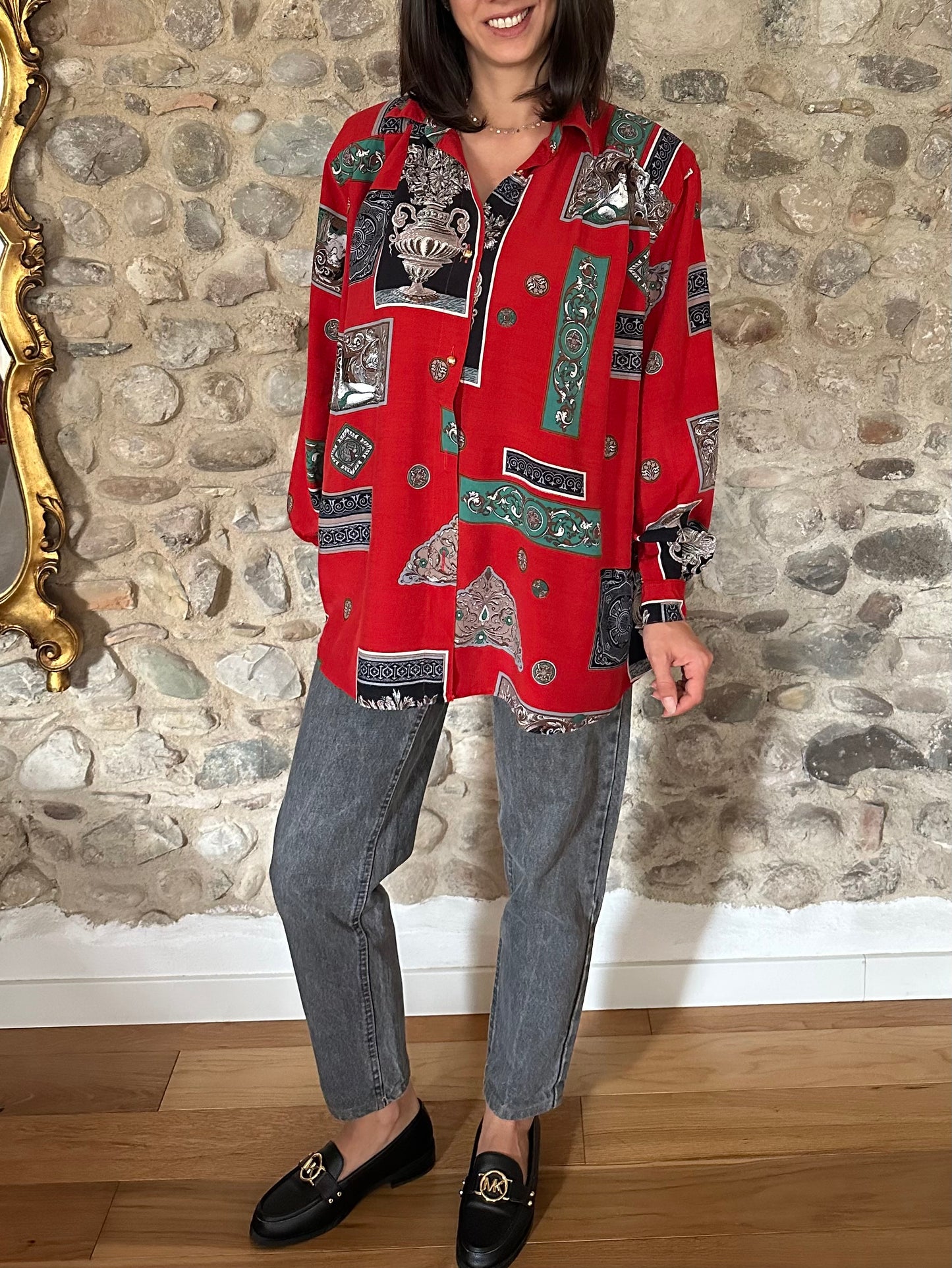 Camicia Vintage Anni ‘80 in Viscosa Rossa Fantasia Tg.Fino 56