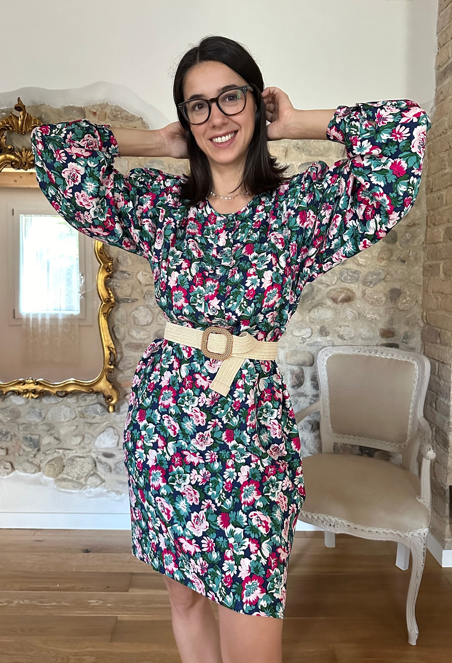 Abito Vintage Anni ‘80 in Seta Fantasia Fiori Tg.44/46