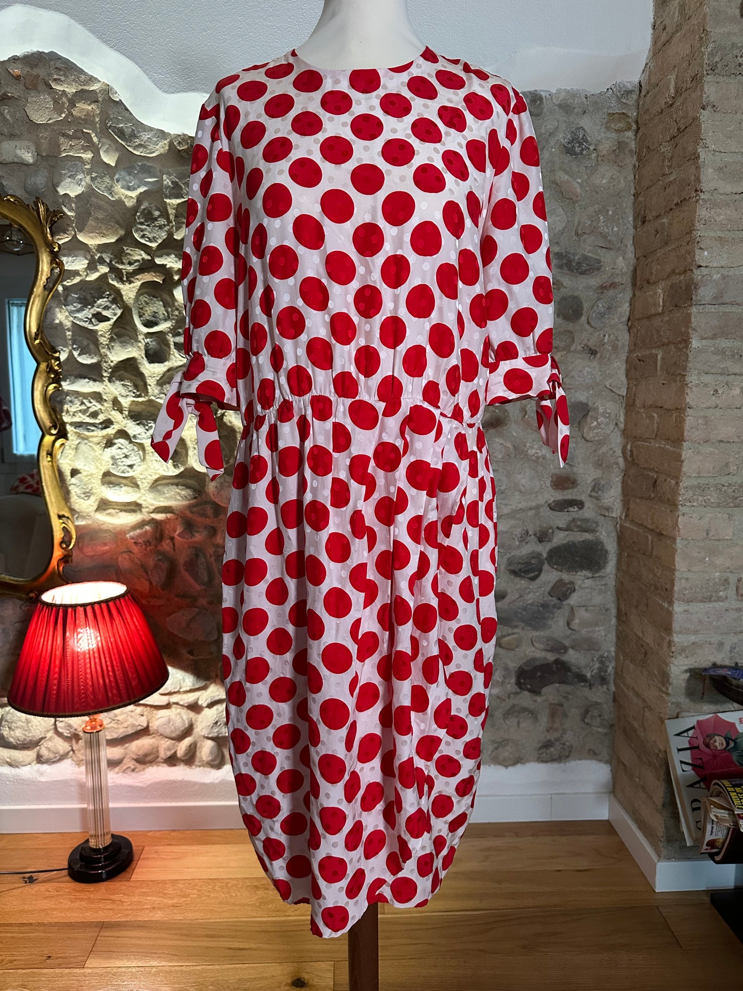 Abito Sartoriale Vintage Anni ‘80 in Seta Jacquard A Pois Rossi Tg.44