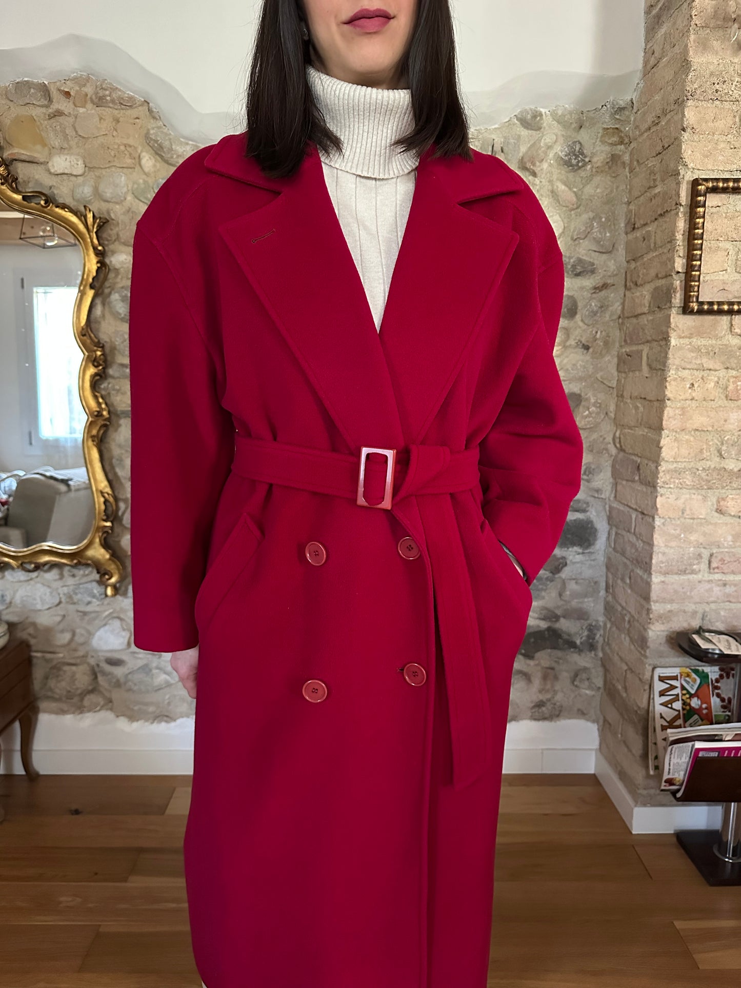 Cappotto Missoni Vintage Anni ‘80 in Lana e Kashmir Rosso Lampone Tg.fino 52