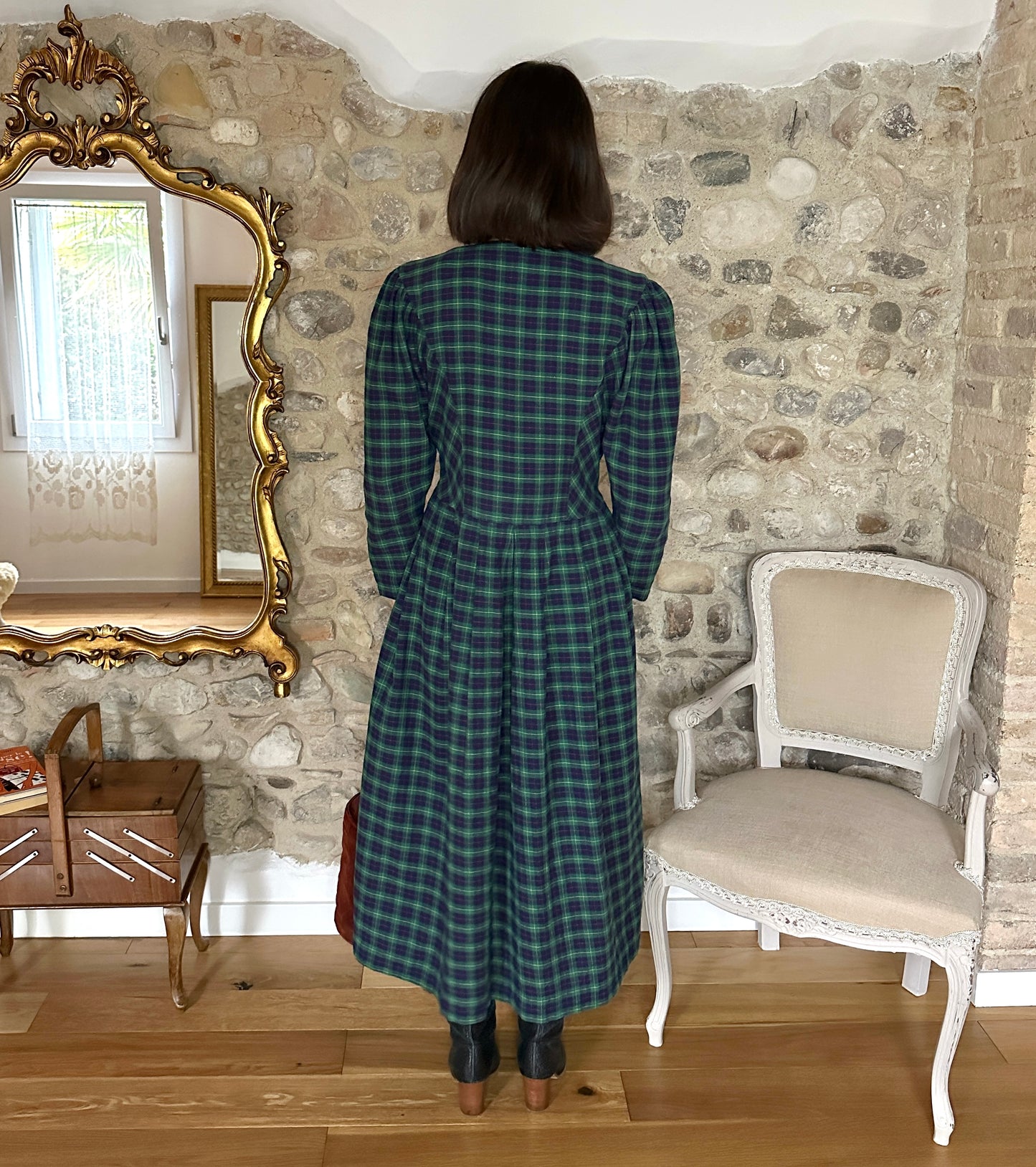 Abito Tirolese Lungo Anni ‘80 in Cotone Tartan Blu e Verde Tg.42/44