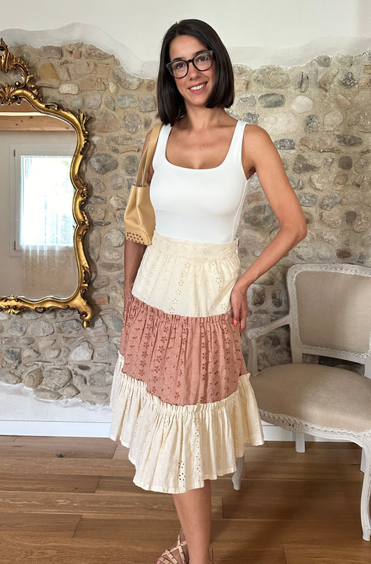 Gonna a Ruota in Sangallo Beige e Mattone Tg.40