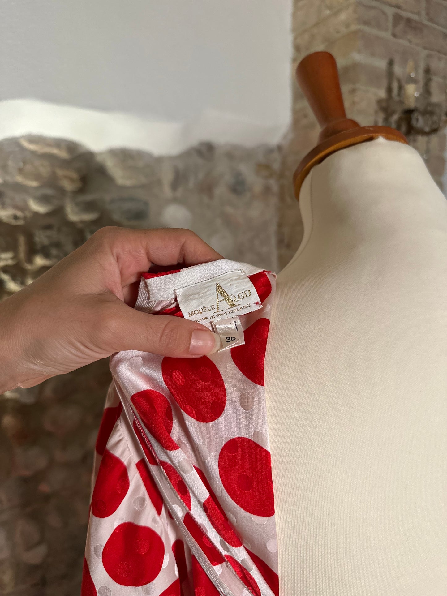 Abito Sartoriale Vintage Anni ‘80 in Seta Jacquard A Pois Rossi Tg.44