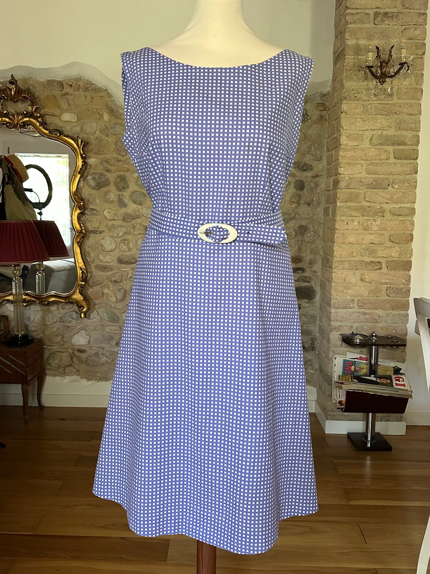 Abito Vintage Anni ‘60 Sartoriale a Quadretti Lilla e Bianco Tg.48